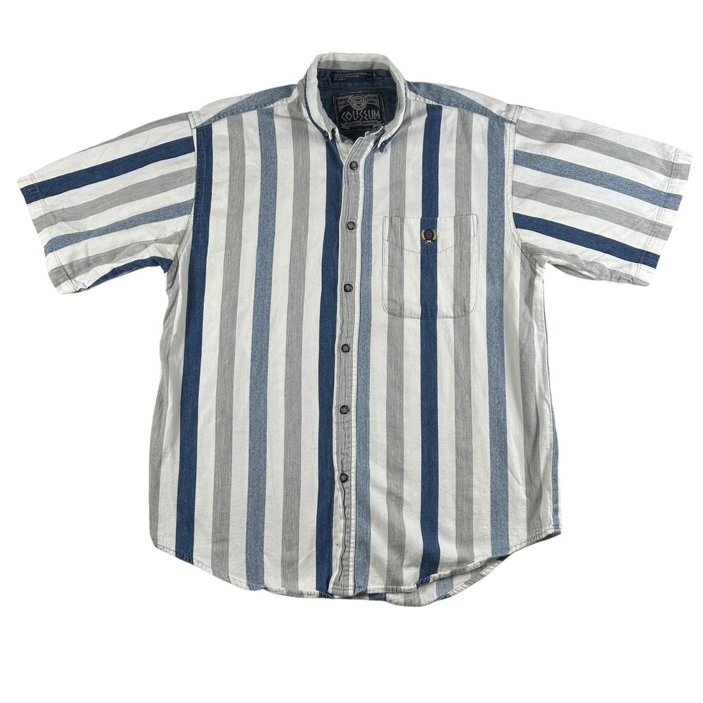 Vintage Coliseum Shirt Mens Large Blue Gray White Striped Button Up Casual 90s